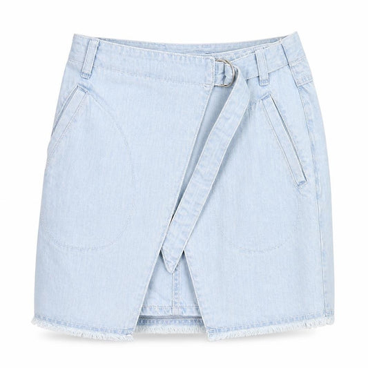 Front view of SJYP women’s blue denim wrap skirt, size S, casual summer pockets