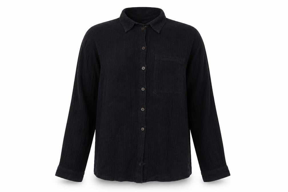 Front view of BDG women’s black cotton button-up long sleeve shirt, size S