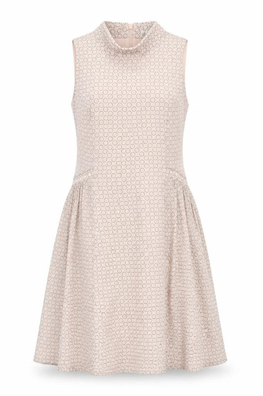 Front view of Next Women’s Beige Polka Dot A-Line Sleeveless Dress, size UK 10