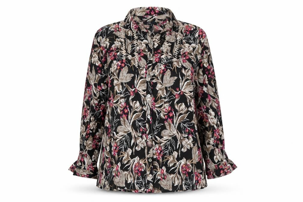 Front view of Isle Collection Women's Multicoloured Floral Button-Up Tunic Shirt, size 20