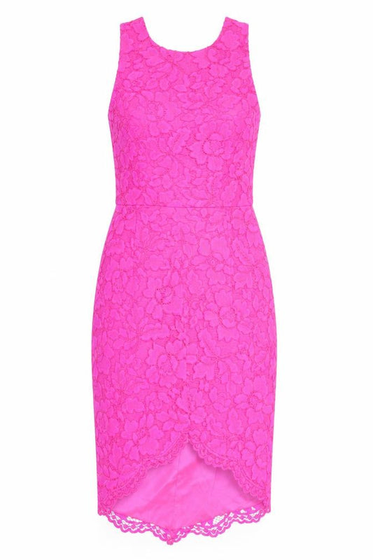 Front view of Forever New Women’s Pink Lace Floral Sheath Dress, size UK 8, Party Wedding