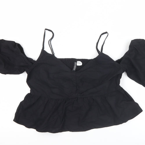 H&M Women Black Size 10 Cropped Puff Sleeve Blouse Top