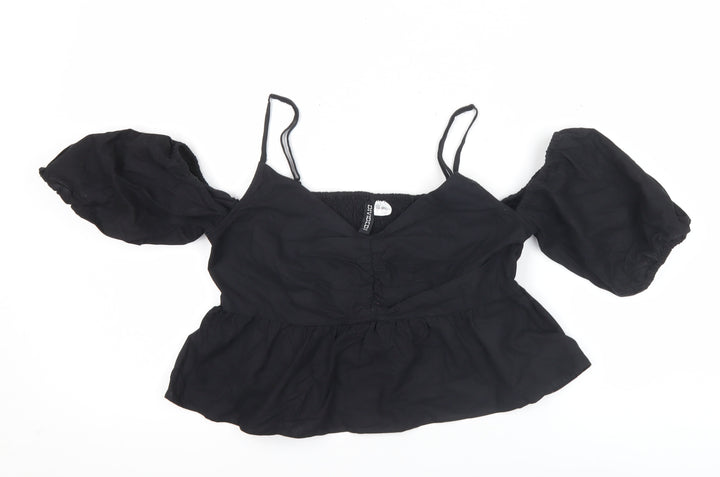 H&M Women Black Size 10 Cropped Puff Sleeve Blouse Top
