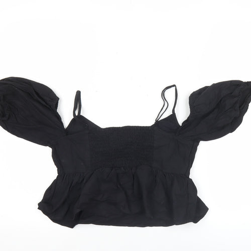 H&M Women Black Size 10 Cropped Puff Sleeve Blouse Top