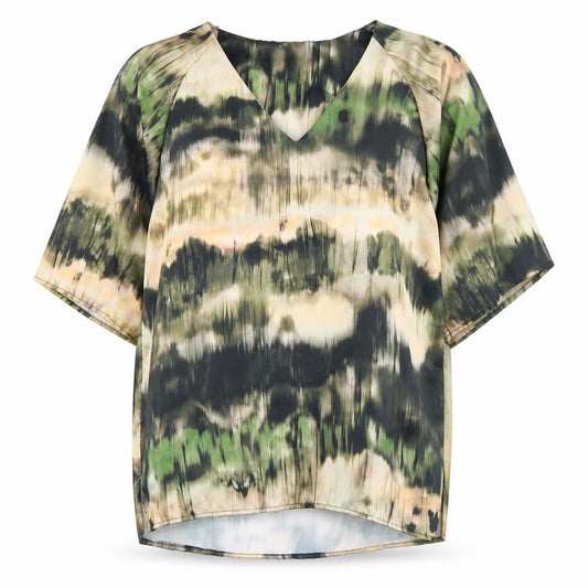 Front view of Primark Women’s Multicoloured Tie-Dye V-Neck Tunic Blouse, size UK 14