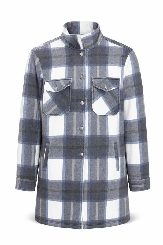 Front view of Vivichi Men’s Blue Grey Check Flannel Jacket, size S, Casual