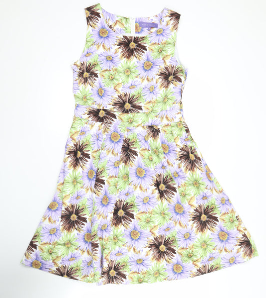 Front view of Autonomy women’s multicoloured floral a-line dress, size UK 12