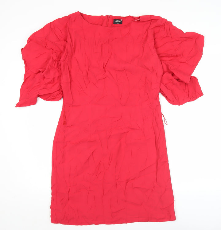 Oasis Women Red Shift Dress Size 12 Puff Sleeve Knee Length