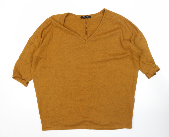 New Look Women’s Brown V-Neck Pullover Jumper Size S 3/4 Sleeve Knit