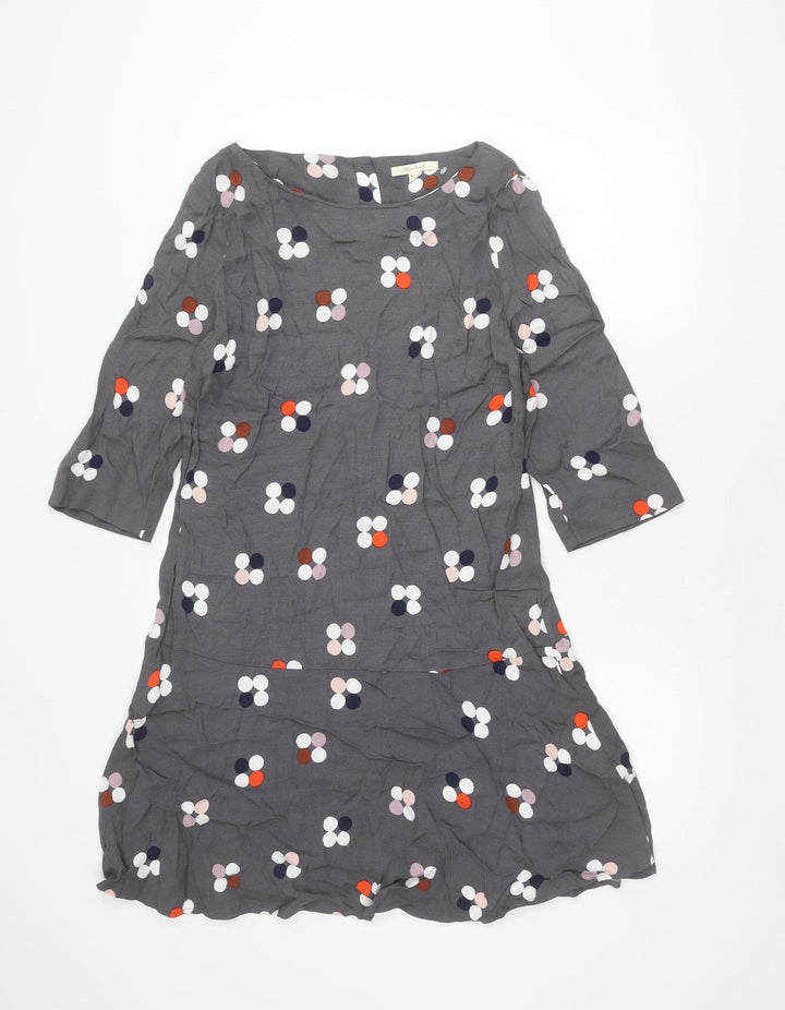 White Stuff Women’s Grey Polka Dot Shift Dress Size 12 Scoop Neck 3/4 Sleeve