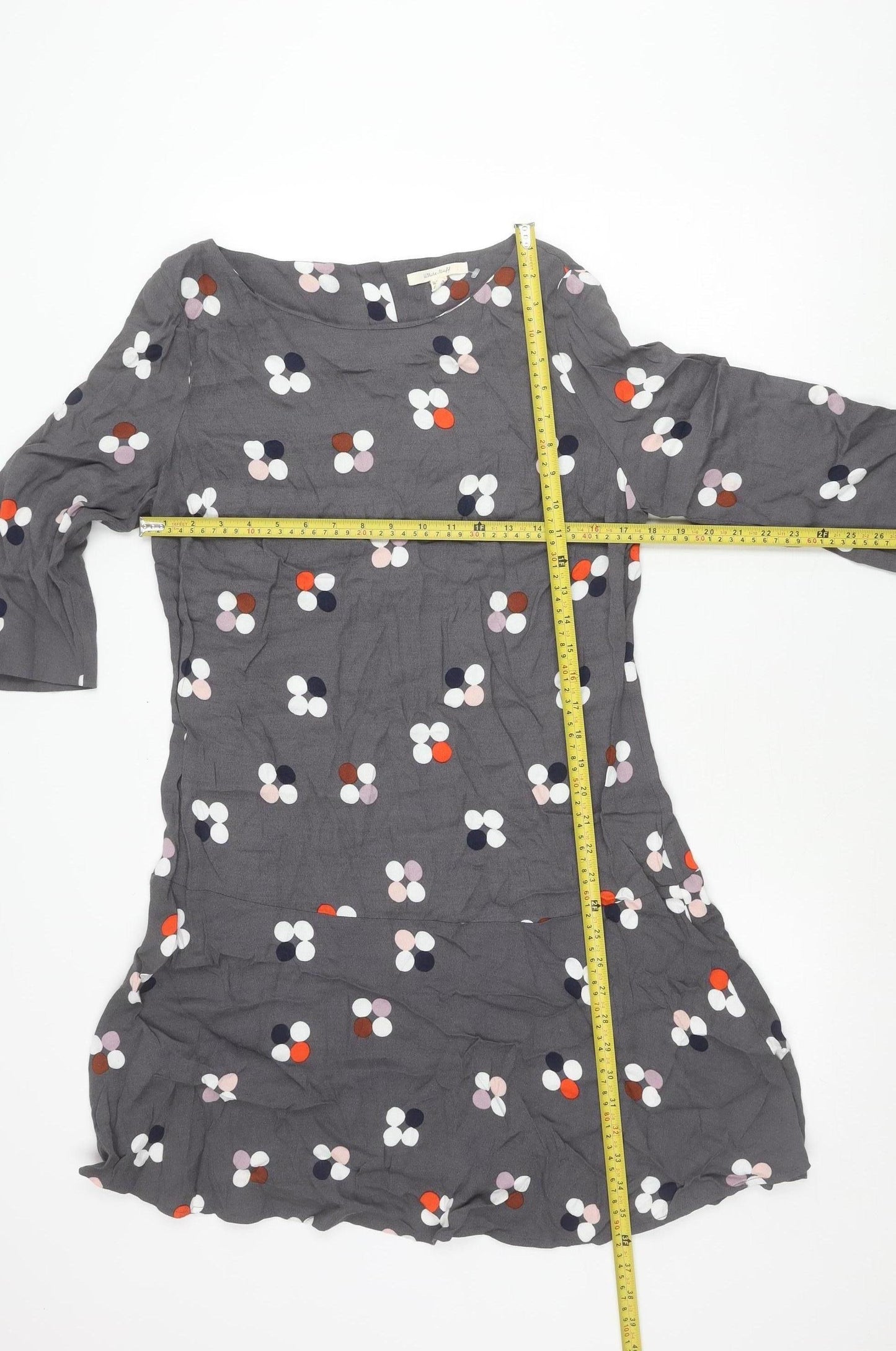 White Stuff Women’s Grey Polka Dot Shift Dress Size 12 Scoop Neck 3/4 Sleeve