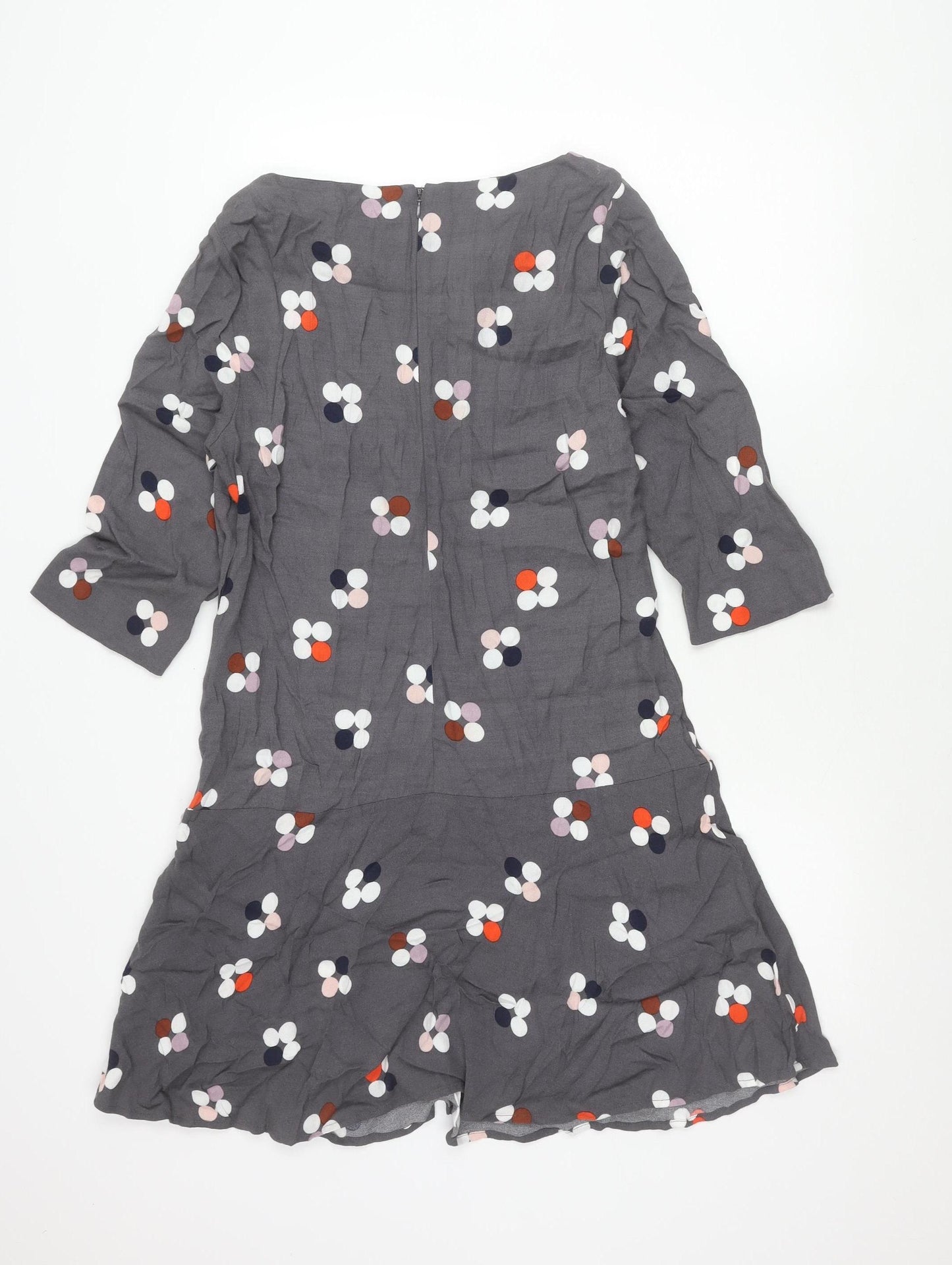 White Stuff Women’s Grey Polka Dot Shift Dress Size 12 Scoop Neck 3/4 Sleeve