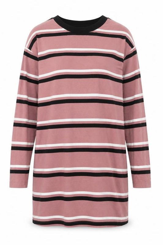 Front view of ASOS DESIGN women’s pink striped long sleeve cotton t-shirt, size UK 8
