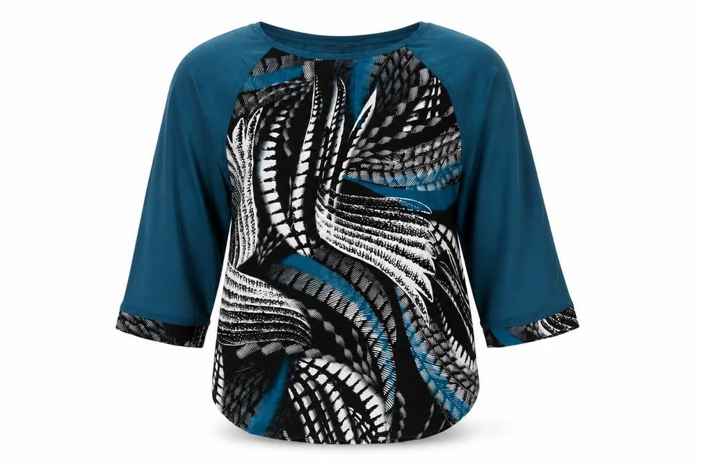 Front view of Next Women’s Blue Black Abstract Print Jersey Blouse, size UK 10