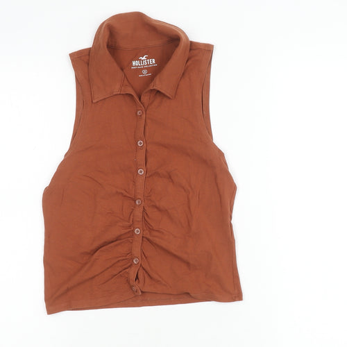 Hollister Womens Brown Collared Sleeveless Cropped Button-Up Top M