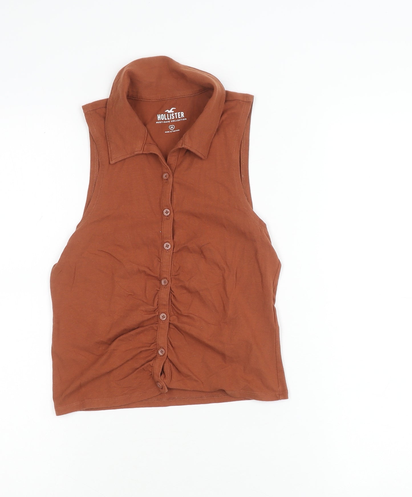 Hollister Womens Brown Collared Sleeveless Cropped Button-Up Top M