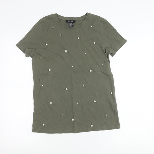 New Look Women Green Beaded Cotton T-Shirt Size 10 Crew Neck
