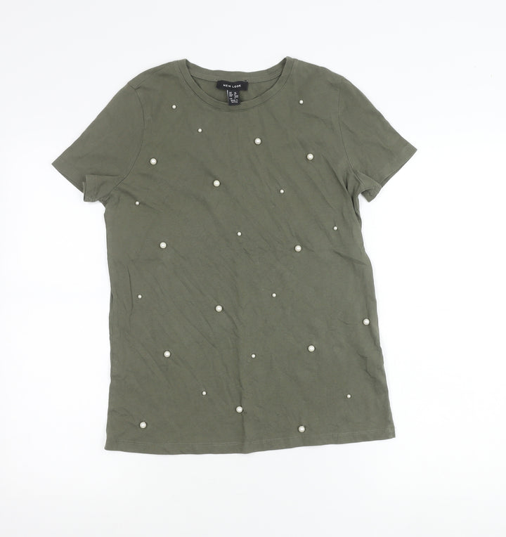 New Look Women Green Beaded Cotton T-Shirt Size 10 Crew Neck
