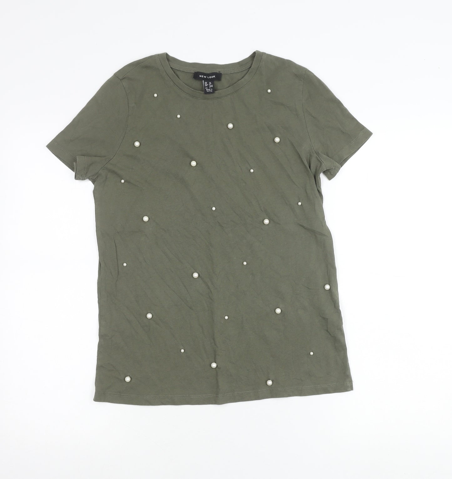 New Look Women Green Beaded Cotton T-Shirt Size 10 Crew Neck