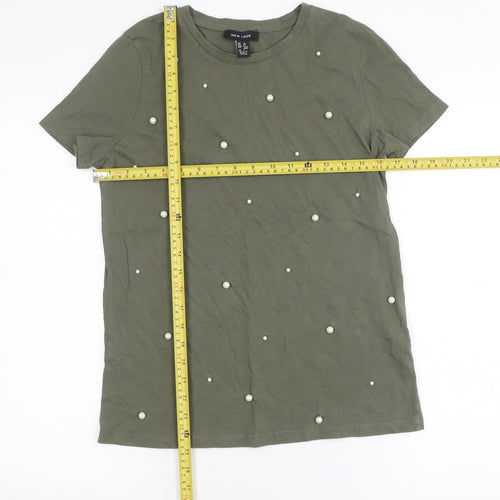 New Look Women Green Beaded Cotton T-Shirt Size 10 Crew Neck