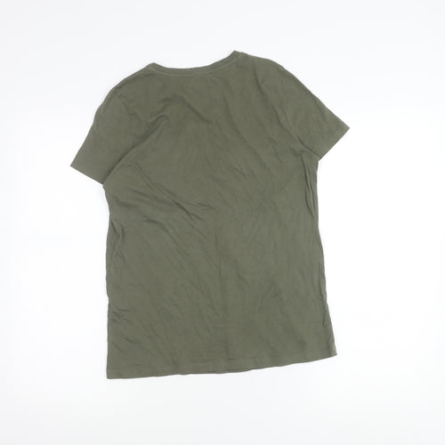 New Look Women Green Beaded Cotton T-Shirt Size 10 Crew Neck