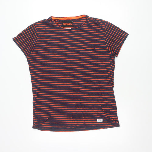 Superdry Women Blue Striped T-Shirt Size L Cotton Blend