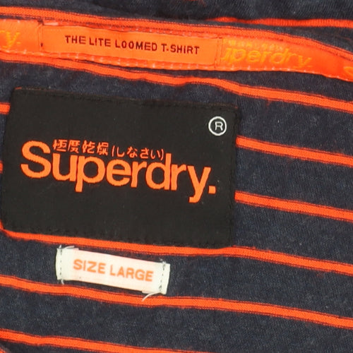 Superdry Women Blue Striped T-Shirt Size L Cotton Blend