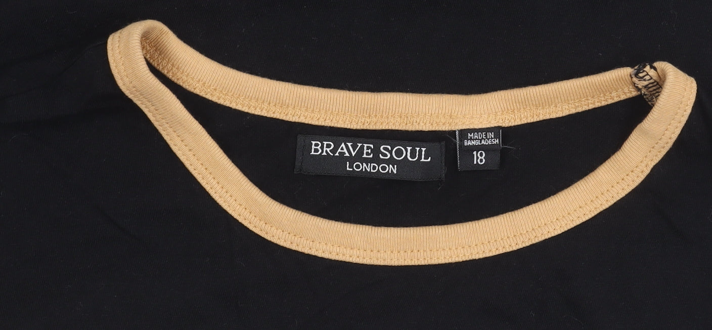 Brave Soul Womens Black Ringer T-Shirt Size 18 Cotton Crew Neck