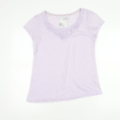John Rocha Womens Purple Cotton Crochet Neck T-Shirt Size 14