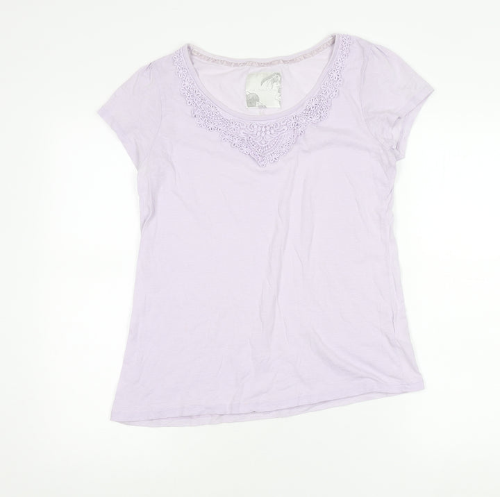 John Rocha Womens Purple Cotton Crochet Neck T-Shirt Size 14