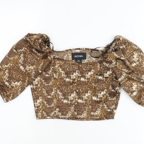 Monki Womens Brown Animal Print Cropped Puff Sleeve Blouse 2XS