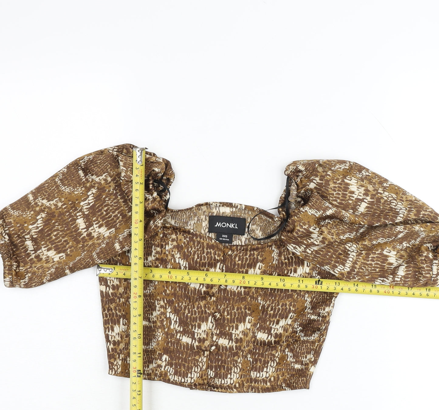 Monki Womens Brown Animal Print Cropped Puff Sleeve Blouse 2XS