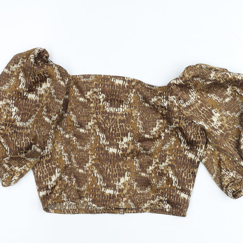 Monki Womens Brown Animal Print Cropped Puff Sleeve Blouse 2XS