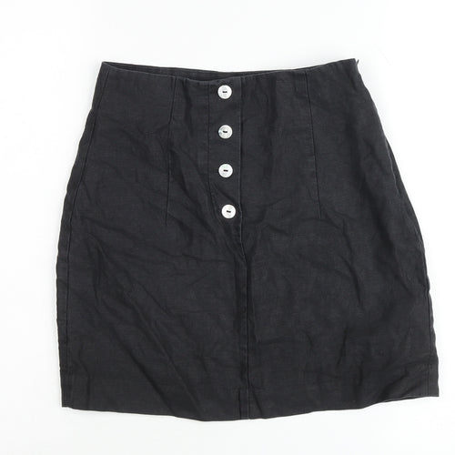 & Other Stories Women Black Linen Pencil Skirt Size 10 Buttoned