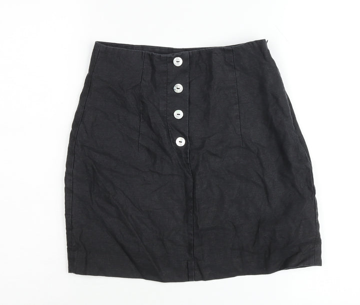 & Other Stories Women Black Linen Pencil Skirt Size 10 Buttoned