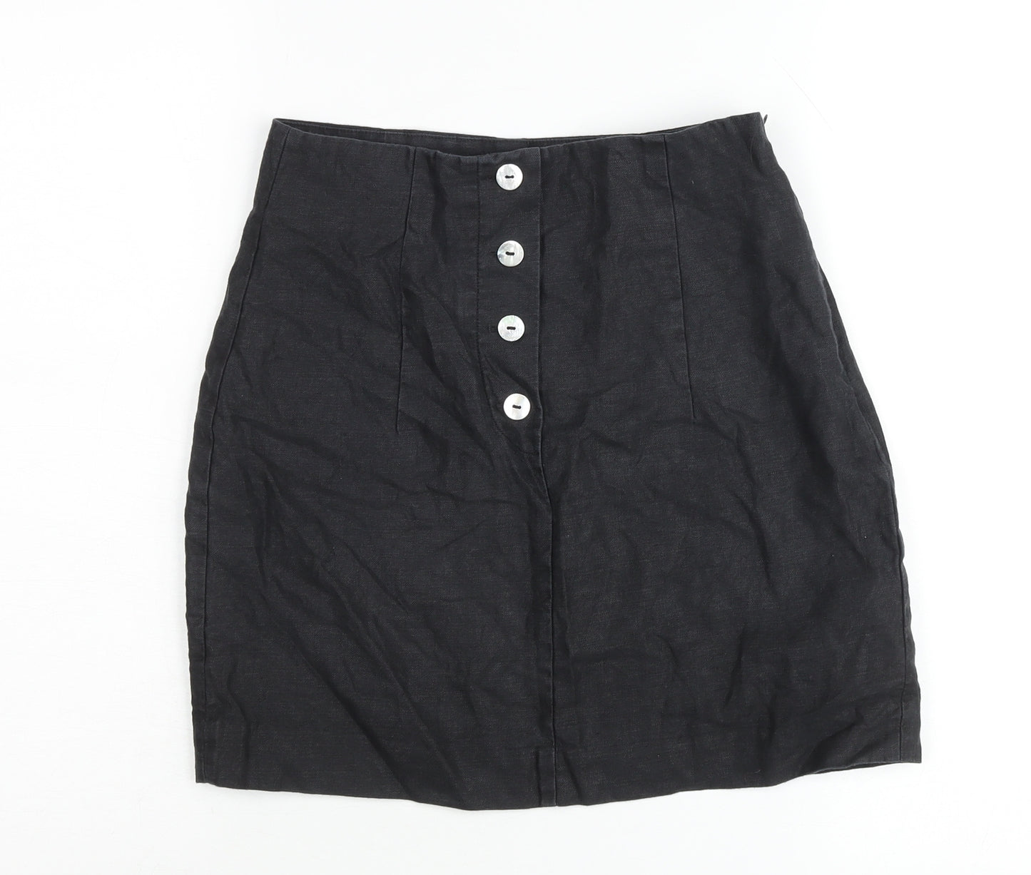 & Other Stories Women Black Linen Pencil Skirt Size 10 Buttoned
