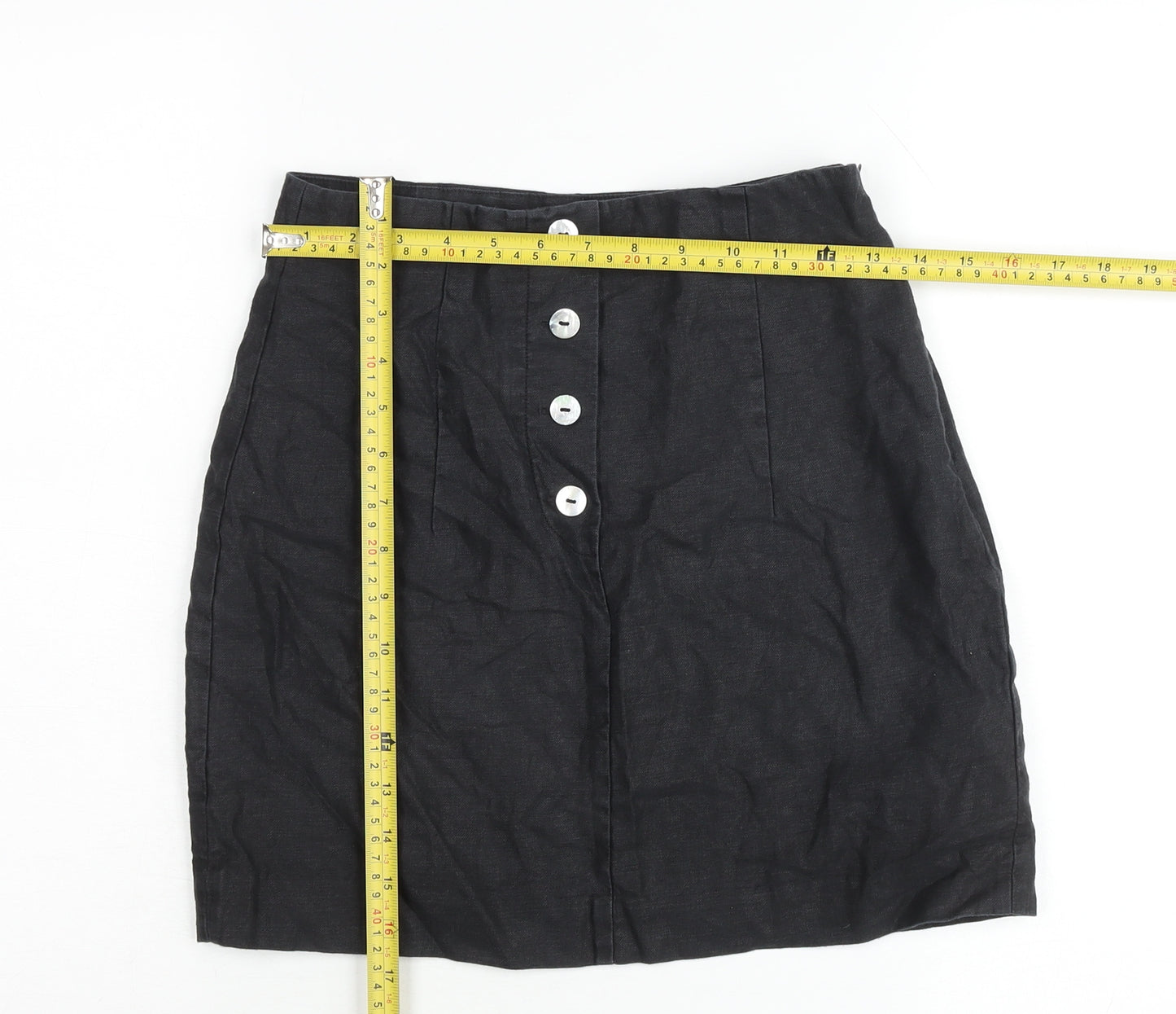 & Other Stories Women Black Linen Pencil Skirt Size 10 Buttoned