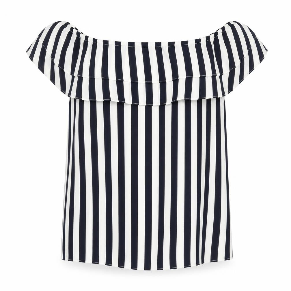 Front view of Oasis Women’s Blue Striped Off Shoulder Ruffle Blouse, size UK 8