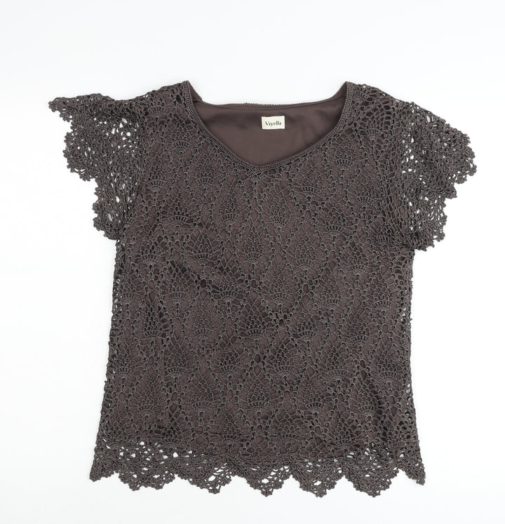 Viyella Women’s Brown Crochet Tunic Blouse Size L Scoop Neck