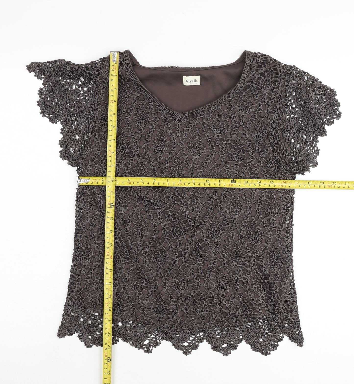 Viyella Women’s Brown Crochet Tunic Blouse Size L Scoop Neck