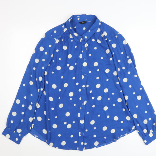 M&Co Women’s Blue Polka Dot Button-Up Shirt Size 14 Long Sleeve