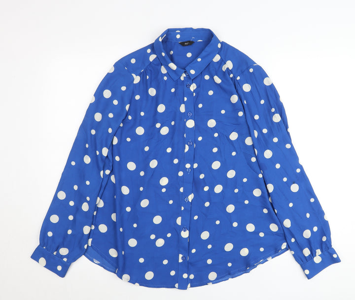 M&Co Women’s Blue Polka Dot Button-Up Shirt Size 14 Long Sleeve