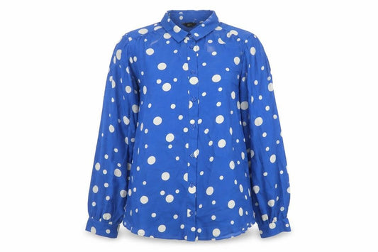 Front view of M&Co Women’s Blue Polka Dot Button-Up Shirt, size UK 14, Long Sleeve
