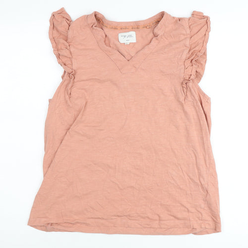 Next Women Pink Cotton Ruffle Sleeve V-Neck Blouse Size L Tall