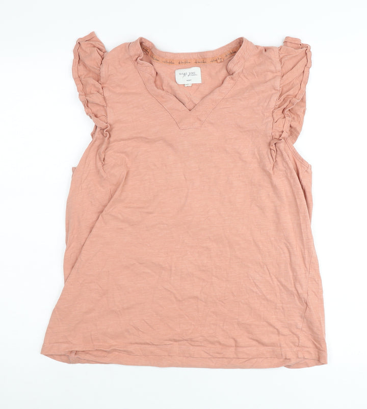 Next Women Pink Cotton Ruffle Sleeve V-Neck Blouse Size L Tall