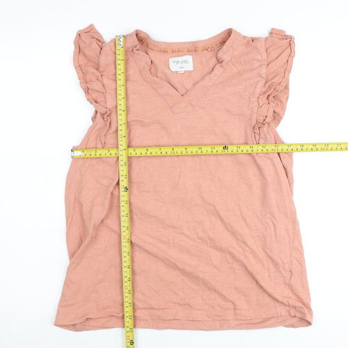 Next Women Pink Cotton Ruffle Sleeve V-Neck Blouse Size L Tall
