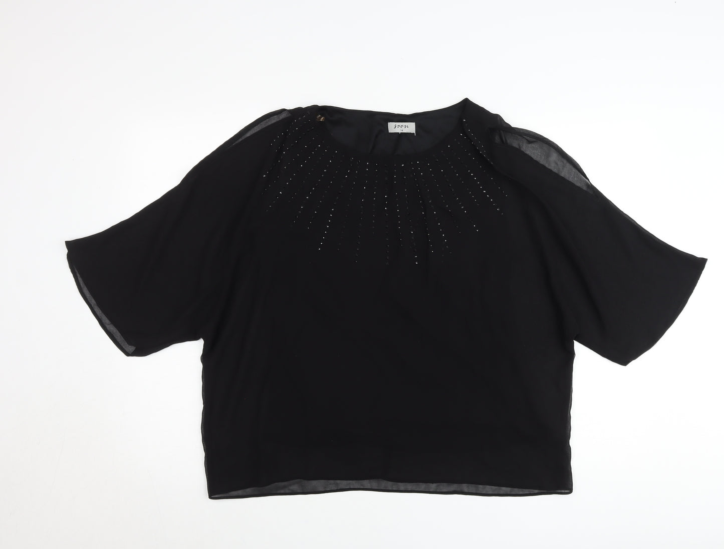 Soon Womens Black Blouse UK 14 Beaded Cropped Chiffon Party Top