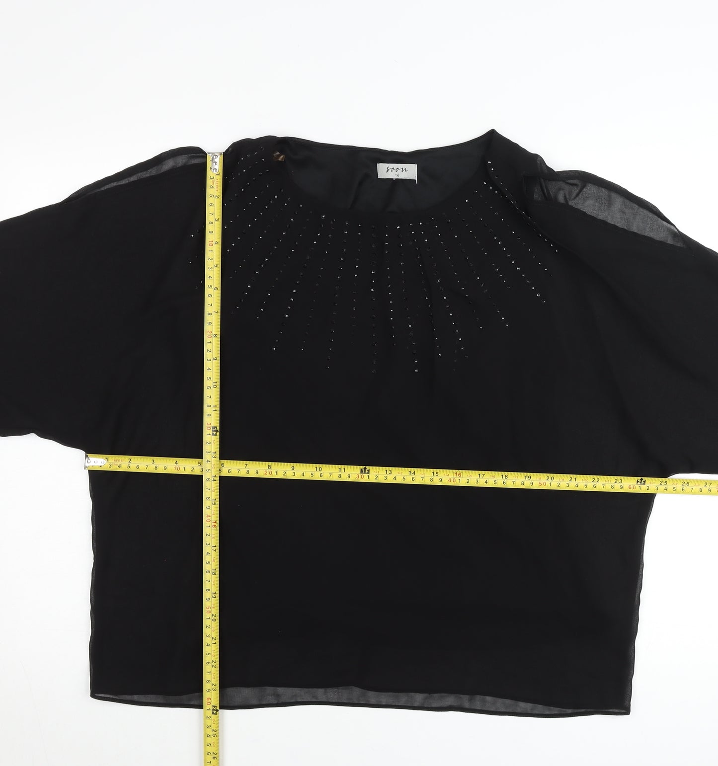 Soon Womens Black Blouse UK 14 Beaded Cropped Chiffon Party Top