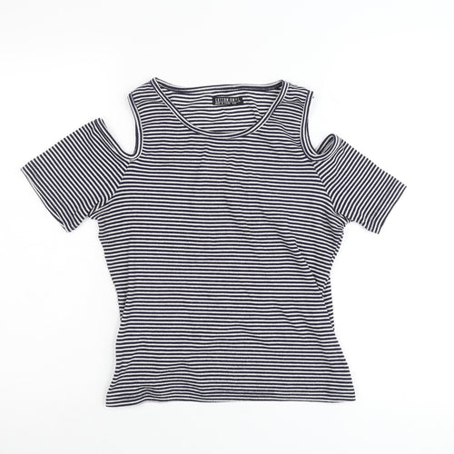 Cotton On Womens Black Striped Cold Shoulder T-Shirt Size L