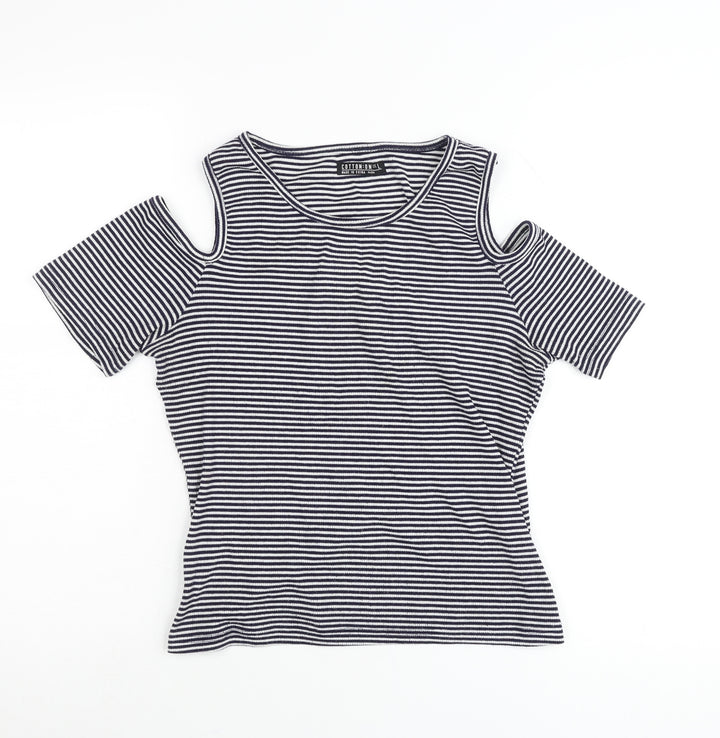 Cotton On Womens Black Striped Cold Shoulder T-Shirt Size L